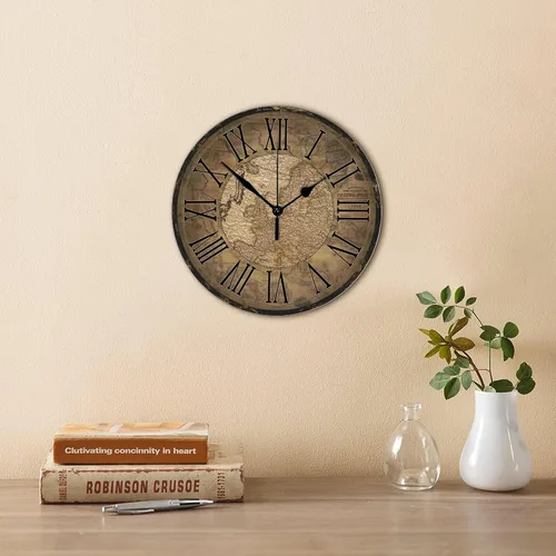 Miniatura 4 de Reloj de pared de madera de estilo vintage, mapa del mundo antiguo con números grandes, reloj de pared redondo preciso, estilo antiguo