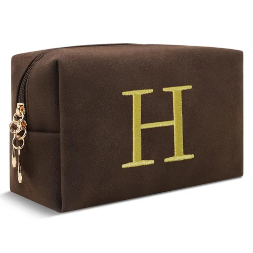 Miniatura 224 de Pequeña bolsa de maquillaje personalizada con inicial A-Z Preppy Patch, bolsa de cosméticos de viaje de felpilla blanca con cremallera, bonita bolsa
