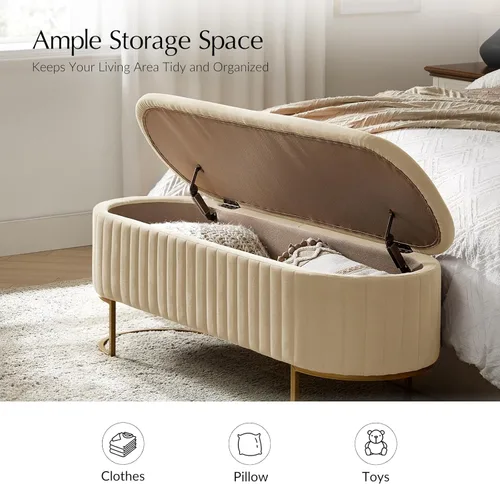 Miniatura 6 de EcoHarbor Living Banco de almacenamiento de 50.5" para pasillo, otomano tapizado con extremo de cama de terciopelo con patas doradas, reposapiés
