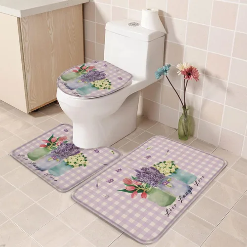 Miniatura 5 de Juego de alfombras de baño de 3 piezas, diseño floral antideslizante, tapete de contorno y tapa de inodoro, tapetes de ducha absorbentes, juego