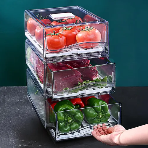Miniatura 10 de Paquete de 2 organizadores de nevera y almacenamiento con cajón extraíble, cajones de almacenamiento apilables, organizadores de refrigerador