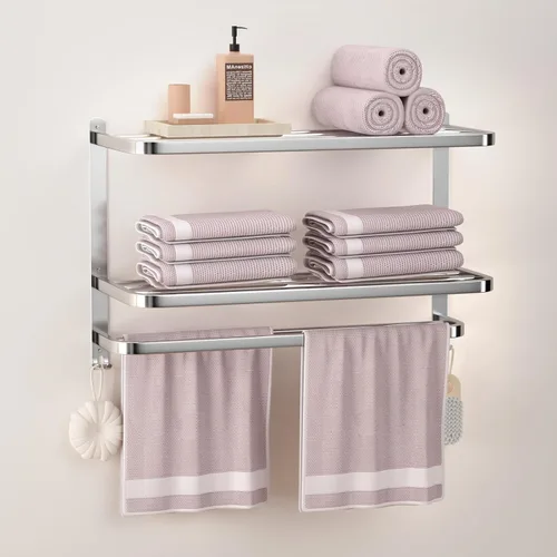 Miniatura 11 de Toalleros Negros de 15 Pulgadas para Baño con Barras Dobles para Toallas, Soporte de Montaje en Pared de Lavabo con Ganchos, Estante de Baño