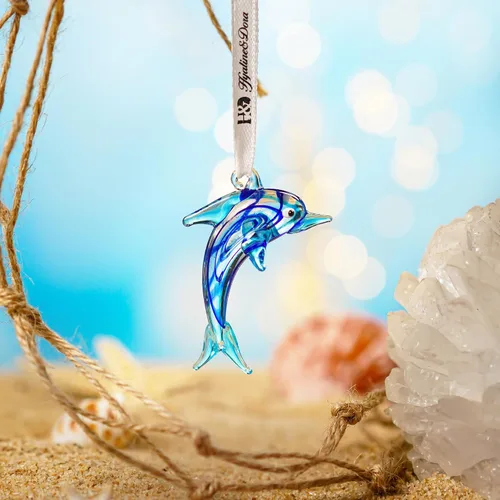 Miniatura 2 de Adorno de delfín de cristal de 2 pulgadas para árbol de Navidad, decorativo colgante de vidrio soplado, mini figura de delfín azul