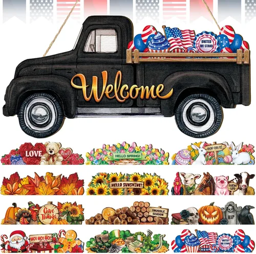 Miniatura 10 de Ferraycle Letrero de bienvenida intercambiable con el 250º aniversario para decoración de camión con 12 iconos de vacaciones, decoración rústica