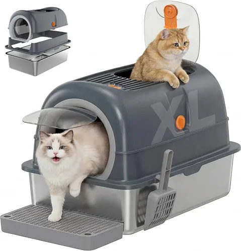 Miniatura 8 de OLIXIS Caja de arena para gatos con tapa, caja grande plegable para gatos con cuchara de arena, caja de arena para gatos con salida superior