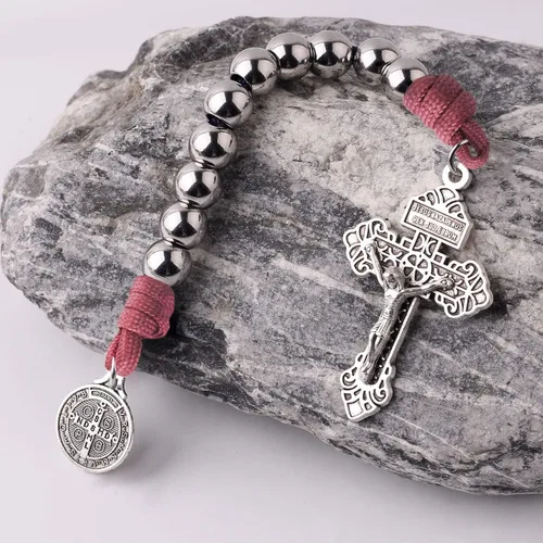 Miniatura 12 de Rosario de bolsillo estilo abierto una década de acero inoxidable rosario católico con crucifijo medalla de San Benito con bolsa de regalo