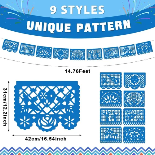 Miniatura 2 de Paquete de 6 pancartas de papel picado azul para fiesta mexicana, boda, fiesta, día de los muertos, Cinco de Mayo, decoración de México, papel