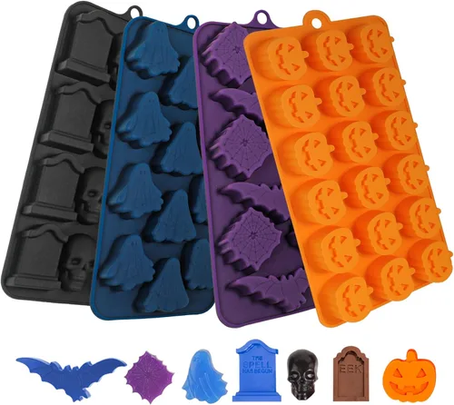 Webake Molde de chocolate de Halloween con forma de calabaza Jack-O-Lantern, calavera, lápida, fantasma, murciélago y araña, moldes de silicona de