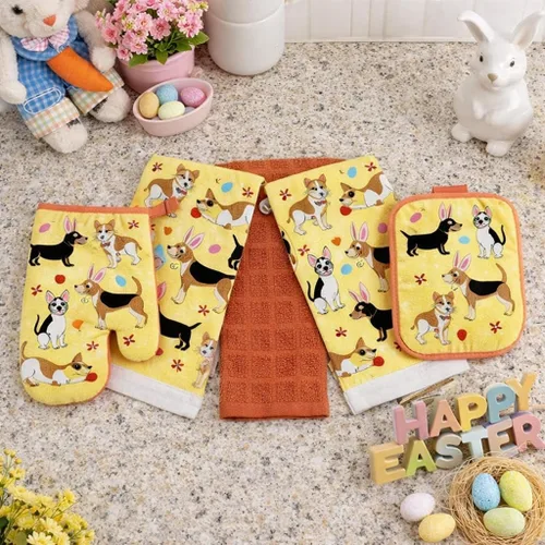 Miniatura 4 de Juego de manoplas de cocina de primavera de Pascua, soporte para ollas, 5c: colorido floral Pascua cada conejito Bienvenido Gingham Border Design