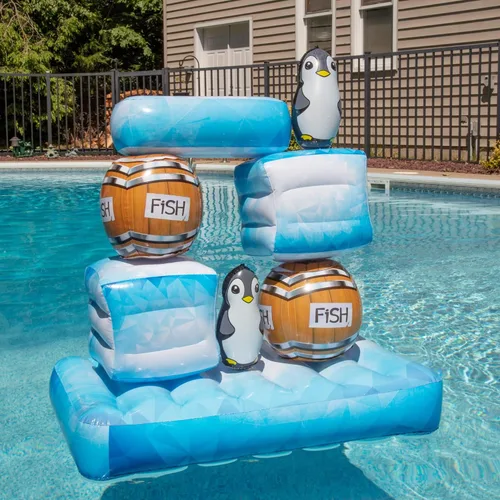 Miniatura 6 de Stack 'n Splash - Juego de piscina de pingüinos, juguete flotante para objetivo, construirlo, golpéalo, derriba. Juego de 10 piezas con 2 bolas