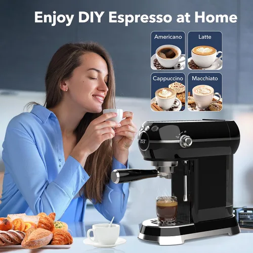 Miniatura 5 de HBN Máquina Compacta de Espresso de 20 Bar con Espumador de Leche, Tanque de Agua Extraíble de 27oz para Espacios Pequeños, Cafetera Casera