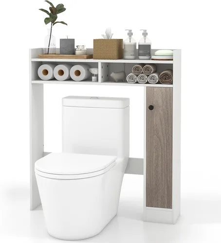 Miniatura 10 de Giantex Armario de almacenamiento corto sobre el inodoro, organizador de baño con gabinete de una sola puerta y estantes ajustables, ahorro