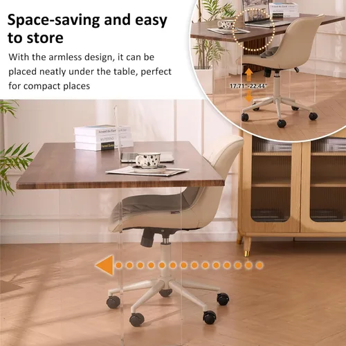 Miniatura 6 de YOUNIKE Silla de escritorio de oficina en casa con ruedas, silla de tocador sin brazos con respaldo cómoda y moderna tapizada de cuero, silla Crema