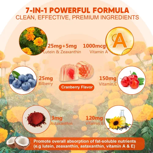Miniatura 5 de Suplementos de luteína y zeaxantina sin azúcar (25 mg) Vitaminas A, C, E, arándano, astaxantina, aceite de coco para una mejor absorción, salud