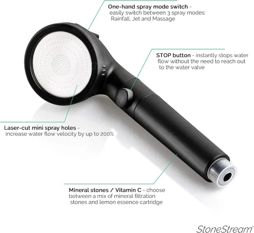 Miniatura 7 de Sistema de cabezal de ducha original StoneStream® EcoPower, filtro iónico similar al spa para suavizar el agua, aumentar la presión y ahorrar agua
