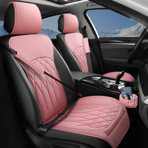 Miniatura 17 de BEITK Paquete de 2 fundas de cuero para asiento delantero de automóvil, protectores universales para asiento de automóvil sin laterales con bolsillo