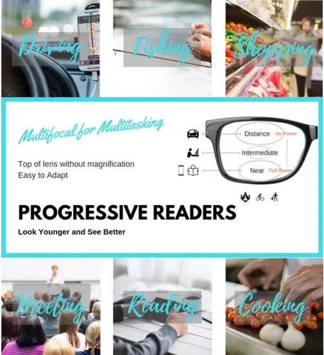 Miniatura 4 de ProEyes Gafas de lectura nucleares progresivas de corte azul, brazos similares a la madera, 0 poder en la lente superior, antirreflejantes