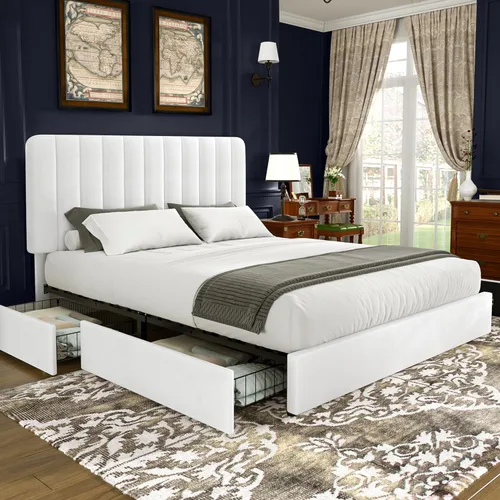 Miniatura 15 de VECELO Marco de Cama Tapizada Tamaño Full con 4 Cajones y Cabecero, Marco de Cama Plataforma de Almacenamiento de Terciopelo, Soporte de Listones