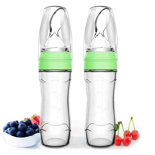 Miniatura 9 de Matyz Juego de 2 cucharas dispensadoras de alimentos de silicona para bebés (azul, 4 onzas/4.1 fl oz), alimentador de biberones exprimible de pie