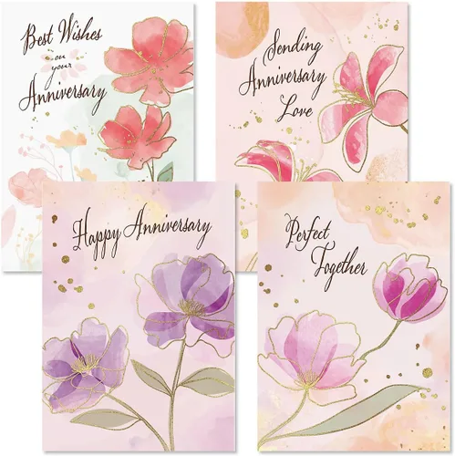 Current Floral Pairs - Tarjetas de feliz aniversario para parejas, juego de 8 (4 diseños), 5 x 7 pulgadas, sentimientos en el interior