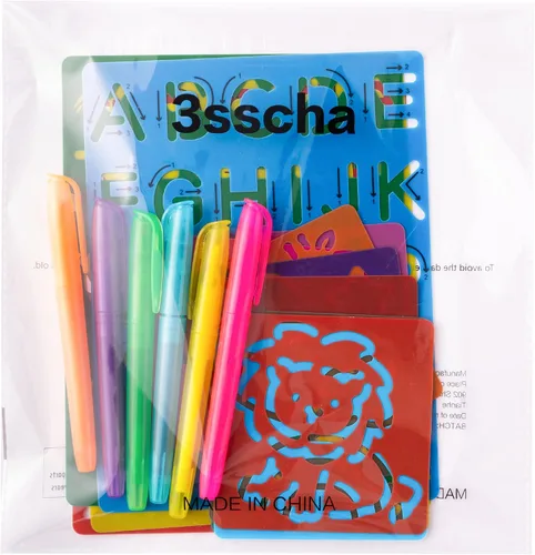 Miniatura 8 de Juego de 22 plantillas de trazado del alfabeto para niños, plantillas de dibujo con resaltador de color, letras y números y bonitos tableros