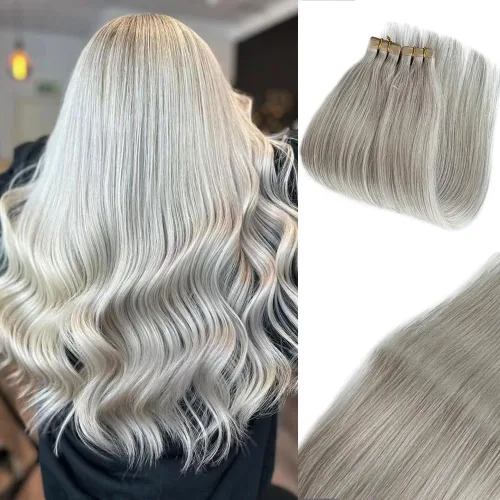 Miniatura 9 de Extensiones de cabello humano rubio con cinta, reflejos rubio ceniza y rubio platino, extensiones de cabello rubio platinado, cinta adhesiva