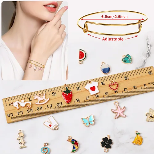 Miniatura 5 de UPINS 30 pulseras de plata expandibles en blanco, pulseras de alambre ajustables con 100 dijes de plata tibetana, 200 anillos abiertos para hacer