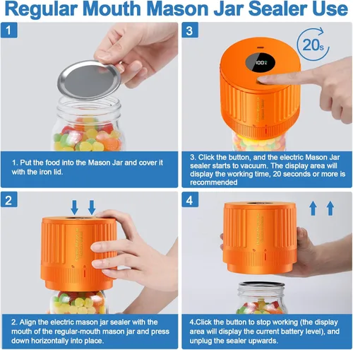 Miniatura 3 de LOVE MOMENT Kit de sellado al vacío de tarro de masón eléctrico para boca ancha y tarro de masón de boca regular, color naranja
