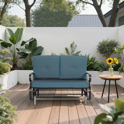 Miniatura 2 de Banco al aire libre para patio, mecedora de 2 asientos, mecedora de hierro forjado para patio exterior con cojín (azul)