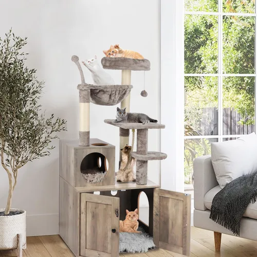 Miniatura 5 de Timberer Árbol para gatos con recinto para caja de arena, torre para gatos 2 en 1 para gatos de interior, condominio grande de madera para gatos