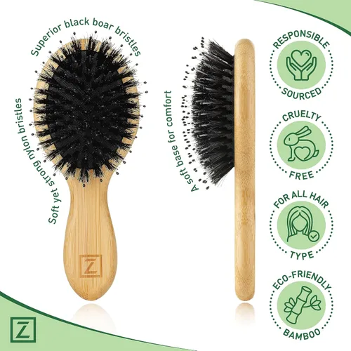 Miniatura 4 de Cepillo de pelo de cerdas de jabalí natural, tamaño mini, portátil, fácil de transportar para mujeres, hombres y niños; cepillo para desenredar seco