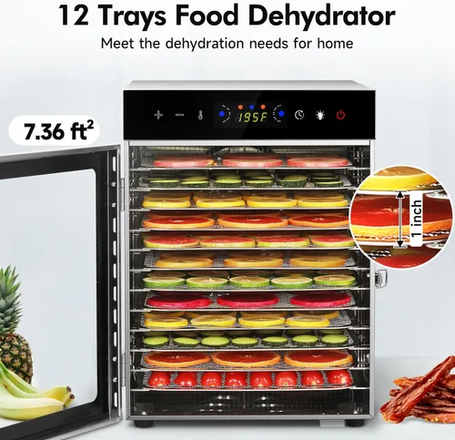 Miniatura 3 de Máquina deshidratadora de alimentos, 12 bandejas de acero inoxidable, deshidratador de carne de 1000 W para uso doméstico, temporizador de 24 horas