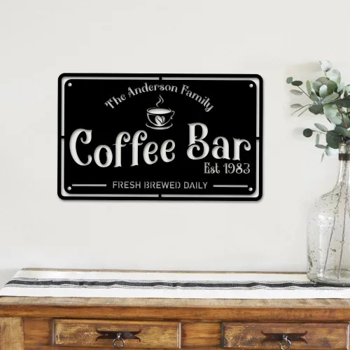 Custom Coffee Bar Sign with Name and Year – Vintage Metal Wall Art for Coffee Station, Kitchen, or Café – Gift for Cafe Enthusiasts and Baristas