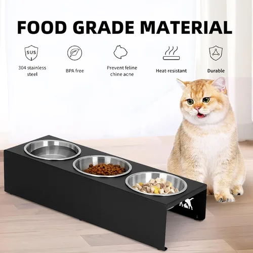 Miniatura 6 de Cuencos elevados para gatos con base antideslizante, platos elevados para gatos con soporte integrado inclinado a 15° antivómito, incluye 3 cuencos