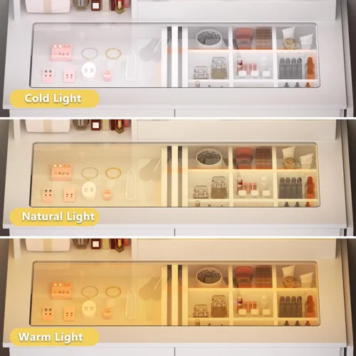 Miniatura 5 de KDCAS Escritorio pequeño con espejo y luces, escritorio de maquillaje con parte superior de vidrio transparente y almacenamiento, tocador blanco