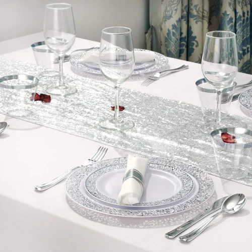 Miniatura 4 de WELLIFE 350 piezas de vajilla desechable de plástico plateado, incluye: 50 platos de cena, 50 platos de postre, 50 vasos, 50 servilletas enrolladas