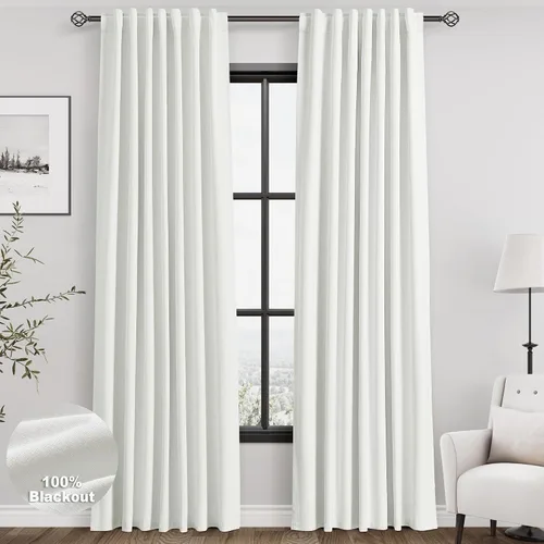 Miniatura 83 de Cortinas de lino 100% opacas para dormitorio, 102 pulgadas de largo, con pestaña trasera, bolsillo para barra, paneles acústicos con aislamiento
