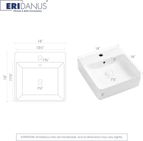 Miniatura 2 de Lavabo Rectangular de Baño de 16" x 16", Eridanus Lavabos de Montaje en Pared Lavabo Flotante de Encimera con Rebosadero, Cerámica Blanca Tipo