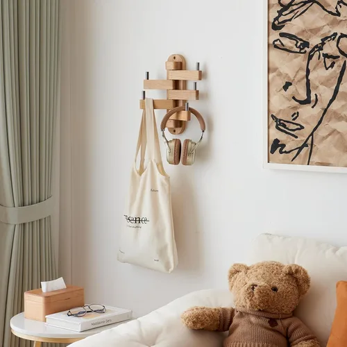 Miniatura 5 de Perchero giratorio de roble con ganchos para abrigos, ganchos de pared de madera con 5 brazos plegables giratorios, perchero de pared de 30 cm