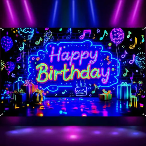 Miniatura 6 de Cartel de fondo de neón para fiesta de cumpleaños, luz negra que brilla en la oscuridad, pancarta grande de feliz cumpleaños, suministros
