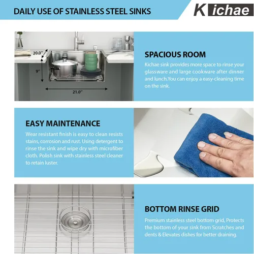 Miniatura 5 de Kichae Fregadero de Cocina de 21x20 Pulgadas, Fregadero de Barra Pequeño, Fregadero de Acero Inoxidable, Montaje Superior, Montaje Inferior