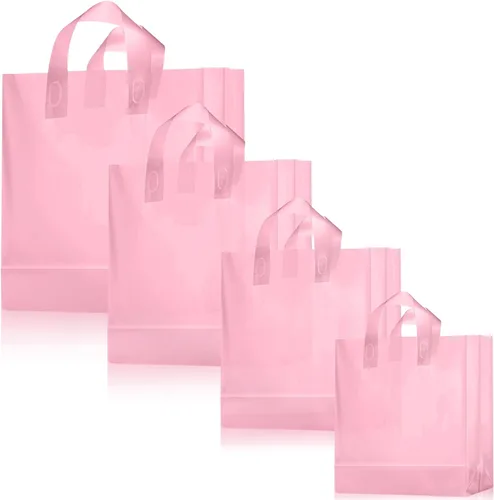Miniatura 9 de Weewooday 100 bolsas de regalo de plástico esmerilado con asas para pequeñas empresas, bolsas de compras transparentes con parte inferior de cartón