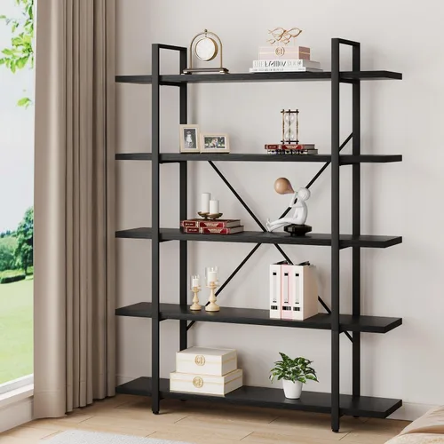 Miniatura 8 de HSH Estantería negra de 5 niveles de alto, estante de almacenamiento de madera y metal, estantería industrial moderna Etagere de 5 estantes, estante