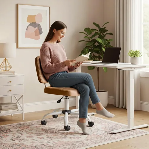 Miniatura 5 de VINGLI Silla de escritorio pequeña compacta, bonita silla sin brazos con ruedas, silla de tocador con respaldo bajo, silla de trabajo de altura Café