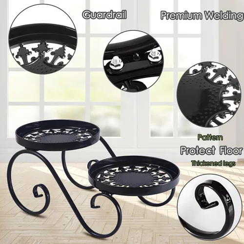 Miniatura 3 de Soporte para Plantas de 2 Niveles Negro, Soporte de Flores de Metal para Interiores y Exteriores, Estante de Plantas de Hierro Antióxido, Soportes