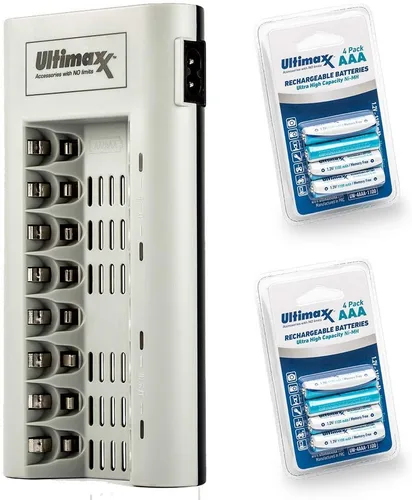 Ultimaxx Cargador con baterías, cargador de batería de 8 puertos y 2 pilas AAA de 1100 mAh (4 piezas) sin memoria, recargable, Ni-MH, baterías