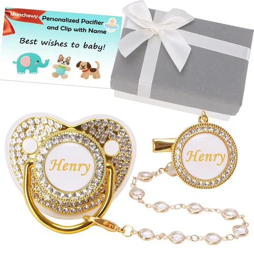 Miniatura 11 de Chupete personalizado con nombre, juego de clip para chupete dorado brillante con caja de regalo, tarjeta de felicitación, lujoso chupete de cristal