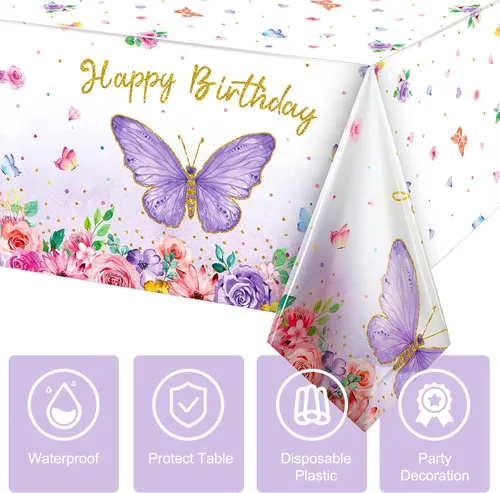 Miniatura 3 de Tegeme Mantel rectangular con diseño de mariposas y feliz cumpleaños, decoración de fiesta de mariposa, mantel de plástico con temática de primavera