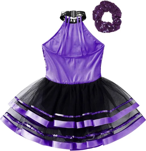 Miniatura 77 de CHICTRY Vestido tutú de ballet con lentejuelas brillantes para niñas y niñas, moderno disfraz de baile latino de jazz
