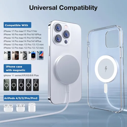Miniatura 2 de Cargador MagSafe: almohadilla de carga inalámbrica magnética para iPhone 17, 16, 15, 14, 13, 12 y AirPods 4-2 Pro, imán fuerte, aleación de Blanco